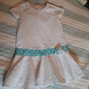 Good Lad Dress Girls Size 6 White Eyelet Dress Aqua Ribbon Flower Drop Waist
